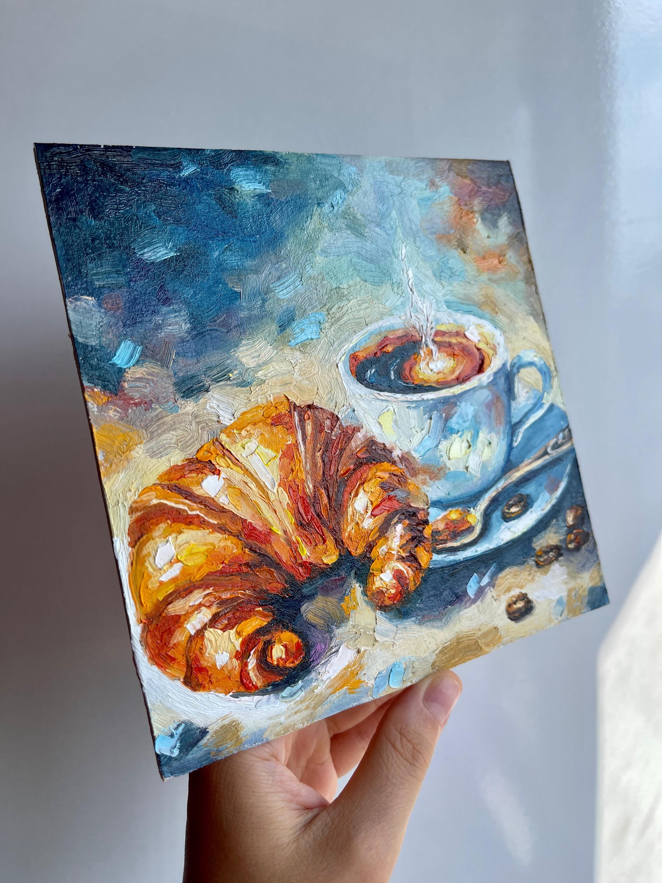 Coffee Cup Painting Croissant Original Art Kitchen Wall Art