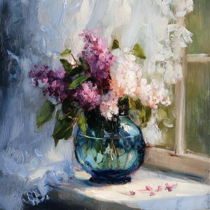 May include: An oil painting depicting a bouquet of purple and white lilac flowers arranged in a round, translucent blue glass vase. The flowers are positioned near a window with visible brushstrokes and light reflecting on the glass surface.