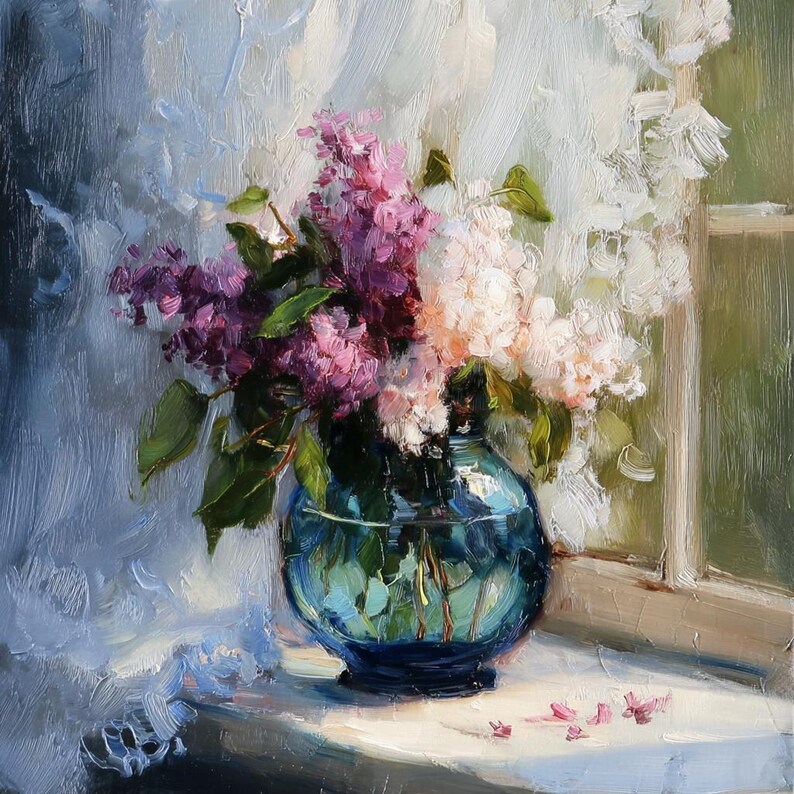 May include: An oil painting depicting a bouquet of purple and white lilac flowers arranged in a round, translucent blue glass vase. The flowers are positioned near a window with visible brushstrokes and light reflecting on the glass surface.