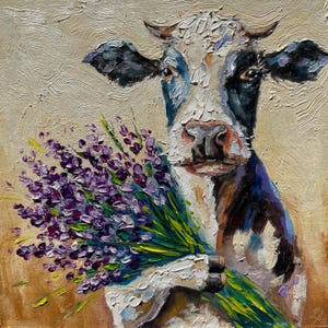 Pintura de vaca, pintura de animales, pintura al óleo original, vaca con flores de lavanda, decoración de pared rústica de granja, arte de pared pequeño