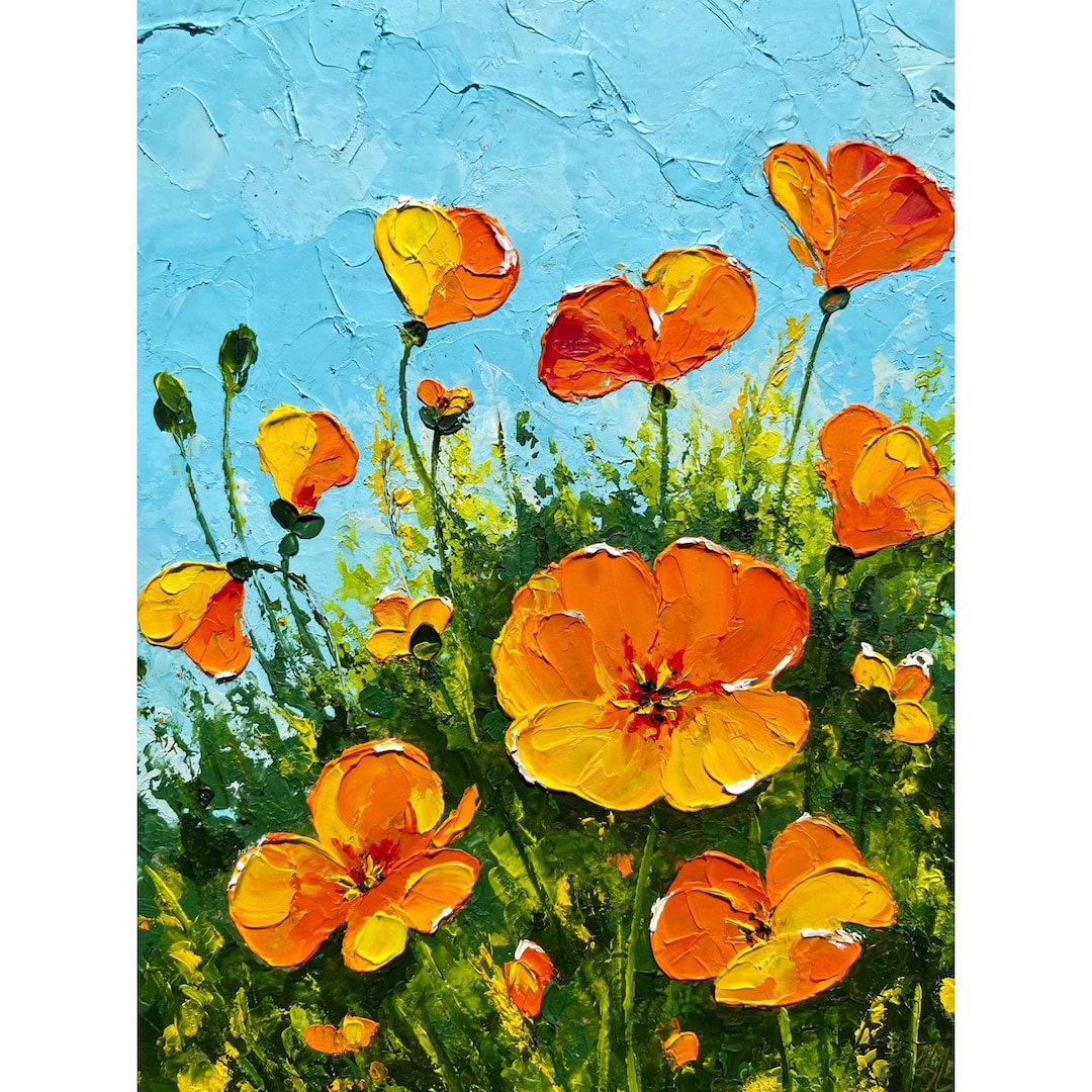 California Poppy Painting: Original Oil Art Impasto Floral Painting ...