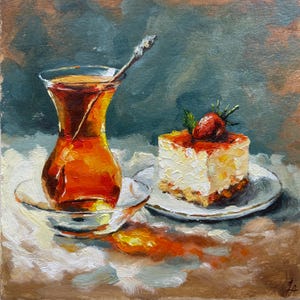 Cake with Turkish Tea Painting Kitchen Wall Art Strawberry Cheesecake Impasto Artwork Food Oil Painting Still Life Painting Gift 6&#39;&#39; x 6&#39;&#39;