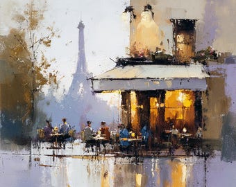 Paris Painting: Cafe Street Oil Art, Original French Painting, Eiffel Tower Decor