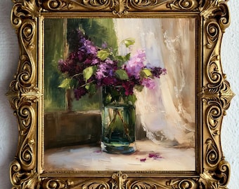 Lilac Painting: Original Art, Floral Still Life, Flowers Painting in a Unique Handmade Frame