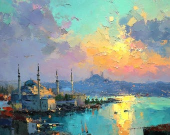 Istanbul Oil Painting: Colorful Cityscape Wall Art, Semi Abstract Wall Decor by LiudmylArts