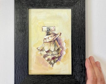 Seashell Painting Oyster Original Art Vintage Perfume Artwork Impasto Oil Painting Small Framed Painting 4x6 Unique Gift for Her