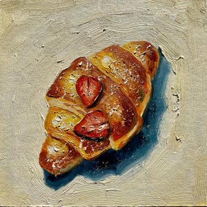 Pintura de croissant, arte original, arte de comida de fresa, pintura al óleo de empaste, decoración de pared de cocina, bodegón rústico, regalo para amantes de la comida