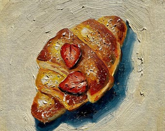 Croissant Painting Original Art Strawberry Food Art Impasto Oil Painting Kitchen Wall Decor Rustic Still Life Gift for Foodies