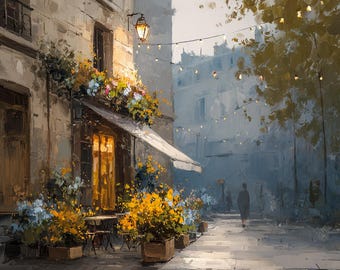 Paris Painting: Cafe Street Oil Art, Original French Painting, Romantic Evening Cityscape