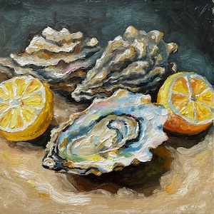 Pintura de ostras, arte original, pintura al óleo de mariscos, pintura de limones, arte costero, arte de cocina, arte gastronómico, 6'' x 6''