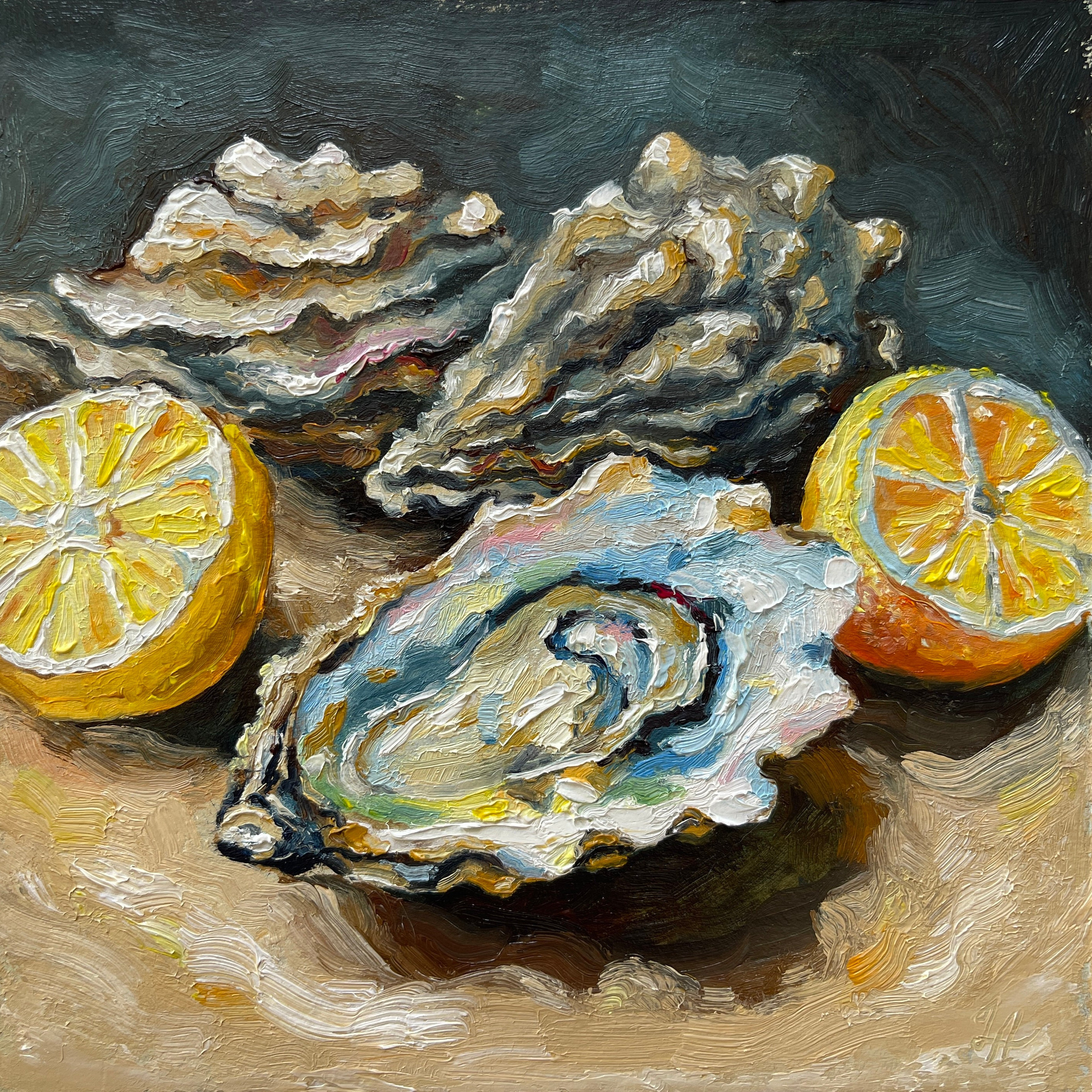 Oyster Painting Shell Original Art Seafood Oil Painting Lemon