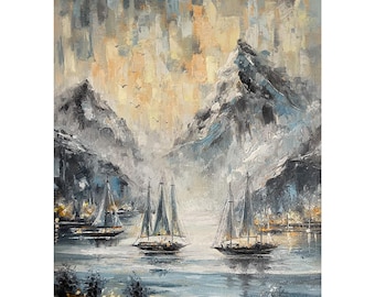 Snowy Mountain Painting Boat Oil Painting Original Art on Canvas Tranquil Seascape Nautical Artwork Coastal Wall Art Home Decor Gift 10x14