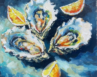 Oyster Oil Painting Shell Original Art Seafood Painting Lemon Painting Coastal Artwork Kitchen Art Gift Food Wall Art 6'' x 6''