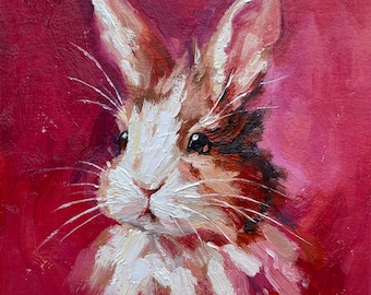 Rabbit Painting Original Animal Artwork Easter Bunny Semi Abstract Oil Painting Farmhouse  Small Wall Art Pet Portrait  Gifts 6'' x 6''