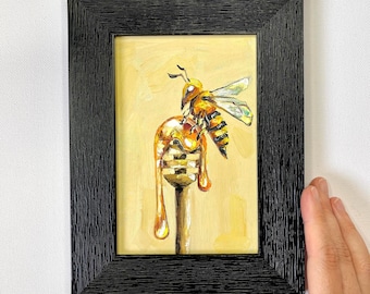Bee Painting Original Artwork HoneyBee Oil Painting Bee Impasto Oil Painting Small Framed Painting 4x6 Unique Gift for Her
