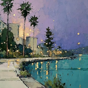 May include: An impressionistic painting of a waterfront scene at dusk. Palm trees and buildings are silhouetted against a purple and blue sky. The water reflects the lights and colors of the evening, creating a serene atmosphere.