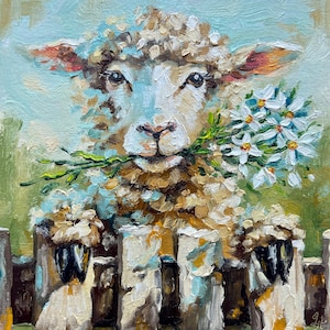 Pintura de ovejas, pintura de animales, pintura al óleo original, retrato de oveja con flores, margaritas, decoración de pared de granja, pequeño arte de pared, regalo, 6'' x 6''