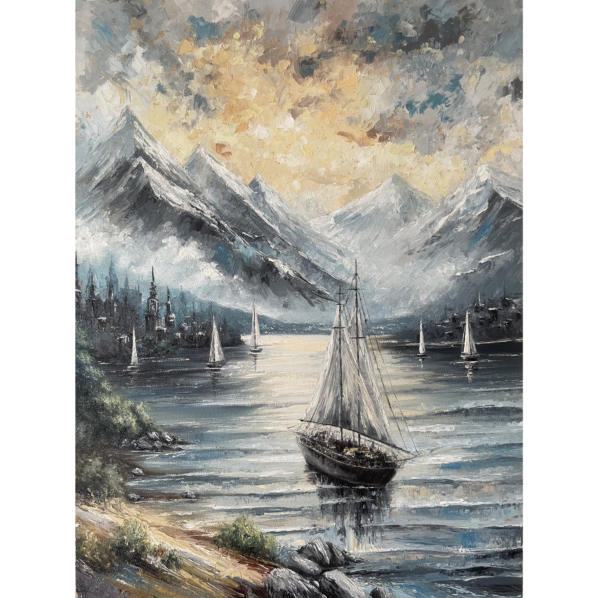 Ship Painting Mountain Landscape Oil Painting Sailboat Original Canvas Maritime Seascape Wall Art  12'' x 16''