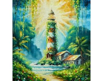Lighthouse Oil Painting Seascape Original Artwork Tropical Impasto Wall Art Gift 9.5&#39;&#39; x 7&#39;&#39;