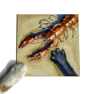 Lobster Oil Painting Original Art Impasto Oil Painting Cat Painting Seafood Still Life Seafood Kitchen Decor Pet Lover Funny Gift