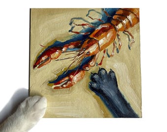 Lobster Oil Painting Original Art Impasto Oil Painting Cat Painting Seafood Still Life Seafood Kitchen Decor Pet Lover Funny Gift