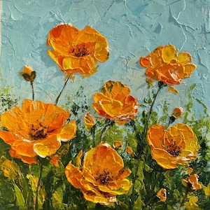 Pintura de amapola de California, arte original, pintura al óleo vibrante, amapola naranja, arte mural empastado, pequeña obra de arte, pintura texturizada, regalo para ella, 6x6