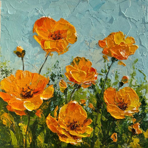 Pintura de amapola de California, arte original, pintura al óleo vibrante, amapola naranja, arte mural empastado, pequeña obra de arte, pintura texturizada, regalo para ella
