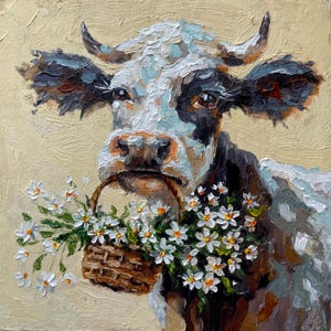 Pintura de vaca, pintura de animales, pintura al óleo original, vaca con flores, decoración de pared de granja, regalo para ella, arte de pared pequeño de 6'' x 6''
