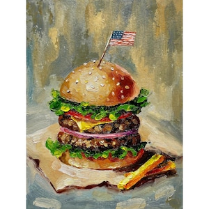 Burger Painting Original Food Art Still Life Painting Small Kitchen Artwork Cheeseburger Painting Rustic Farmhouse Decor Gift for Foodies