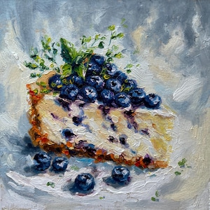 Blueberry Cake Oil Painting Kitchen Wall Art Cheesecake Impasto Artwork Food Oil Painting Still Life Painting Gift 6&#39;&#39; x 6&#39;&#39;