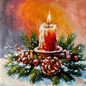 Vela navideña, pintura al óleo original, naturaleza muerta navideña, vela roja, decoración de pared, pintura de invierno, obra de arte navideña, regalo navideño
