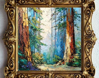 Sequoia Painting: Redwood Original Art, California Landscape, Impasto Oil Painting in a Unique Handmade Frame