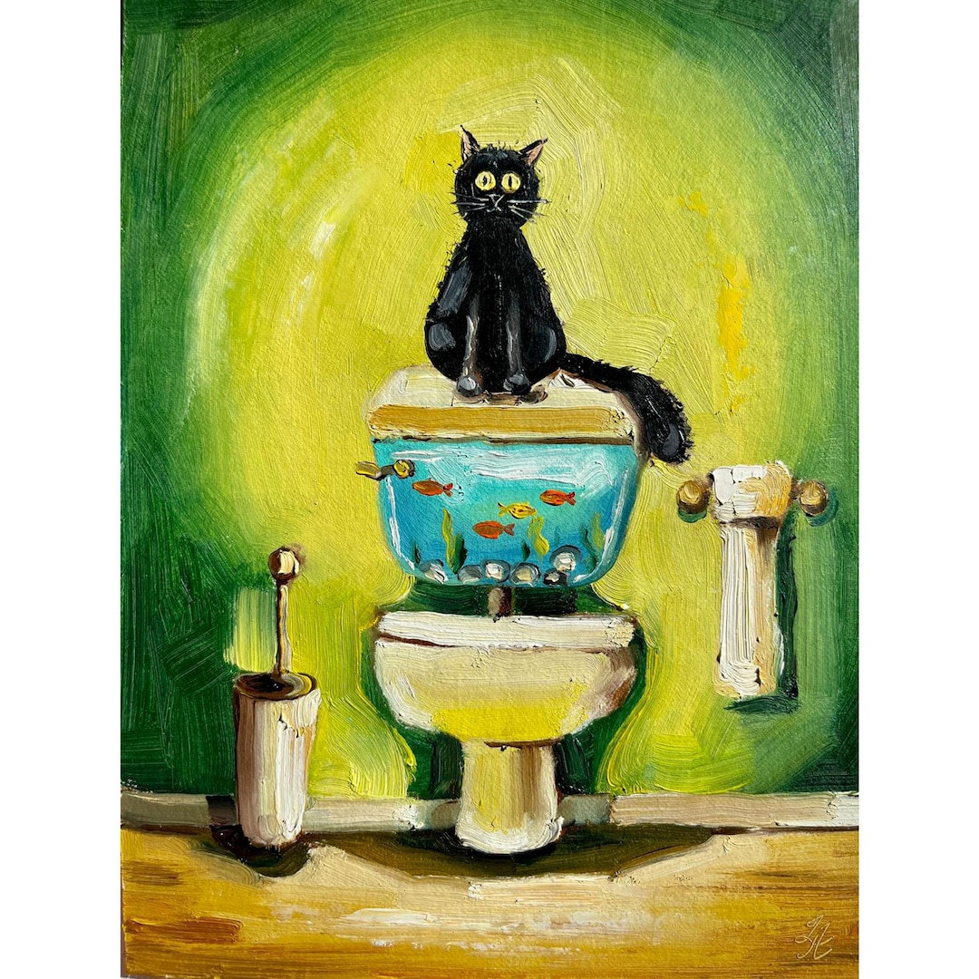 Black Cat on the Toilet Oil Painting, Fine Art Small Oil Painting Funny ...