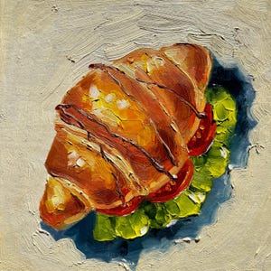 Pintura de sándwich de croissant, arte original, pintura al óleo de comida sabrosa, arte de pared de cocina, decoración rústica, obra de arte texturizada de empaste, regalo para amantes de la comida