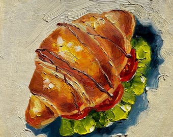 Croissant Sandwich Painting Original Art Savory Food Oil Painting Kitchen Wall Art Rustic Decor Impasto Textured Artwork Gift for Foodies