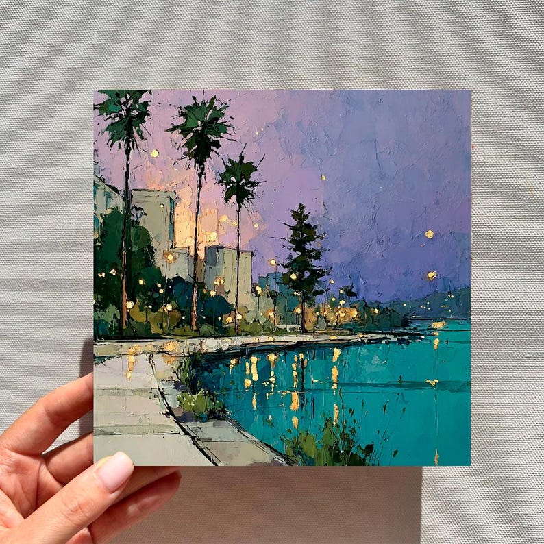 May include: An impressionistic painting of a waterfront scene at dusk. The artwork features palm trees, city buildings, and a teal-colored body of water reflecting lights. The sky transitions from purple to blue, creating a serene atmosphere.