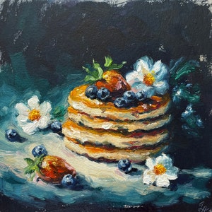 Panqueques Pintura Cocina Arte de la pared Panqueque Impasto Obra de arte semi abstracta Pintura al óleo de alimentos Pintura de bodegones 6 por 6
