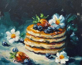 Pancakes Painting Kitchen Wall Art Pancake Impasto Semi Abstract Artwork Food Oil Painting Still Life Painting 6 by 6