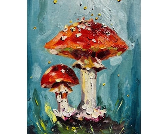 Mushroom Painting Fly Agaric Oil Art: Original Forest Painting, Nature Artwork