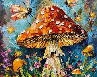 Mushroom Painting Butterfly Oil Painting Original Art Fly Agaric Fantasy Art Vibrant Textured Painting Fairy Tale Forest Wall Decor Gift 8x8