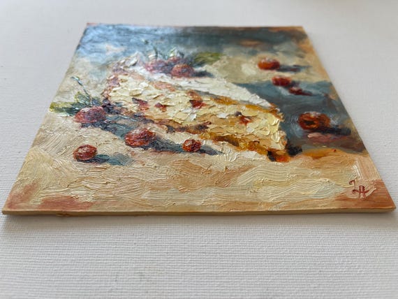 Cherry Cake Oil Painting Kitchen Wall Art Cheesecake Impasto