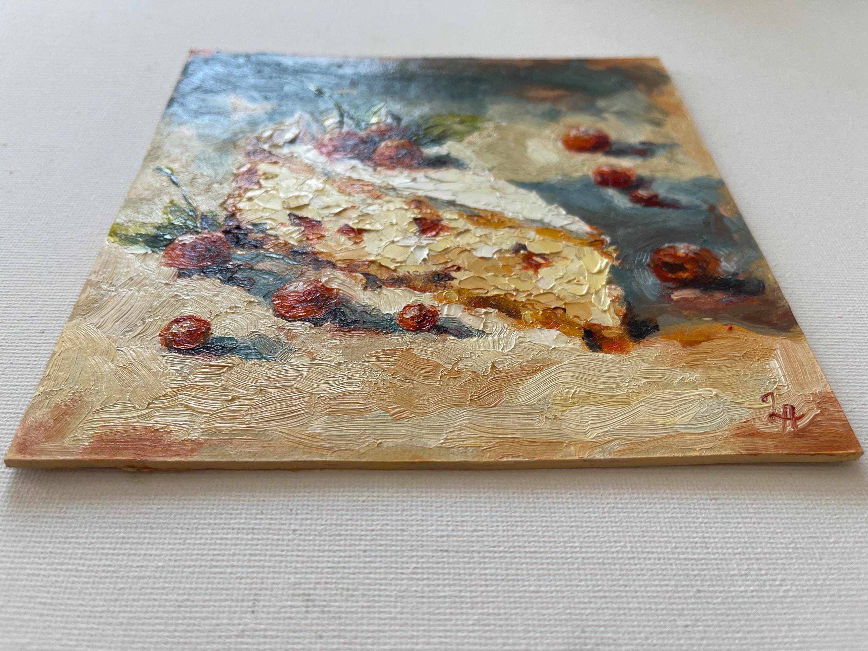 Cherry Cake Oil Painting Kitchen Wall Art Cheesecake Impasto