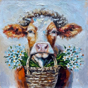 Pintura de vacas pintura animal pintura al óleo original vaca con flores decoración de la pared de la granja arte de la pared pequeña 6'' x 6''