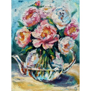 Pintura al óleo de peonía, arte original de flores, peonías rosas, pintura texturizada, ramo en un jarrón, pintura pequeña, naturaleza muerta floral, regalo para ella, 6 x 8