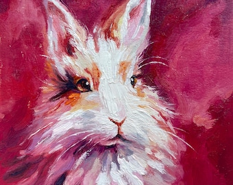 Rabbit Painting Original Animal Artwork Easter Bunny Semi Abstract Oil Painting Farmhouse  Small Wall Art Pet Portrait  Gifts 6'' x 6''