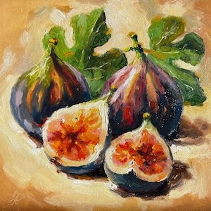 Pintura al óleo de fruta de higo, arte original, pintura de naturaleza muerta, arte de pared de cocina, obra de arte empastada, pintura al óleo de comida, regalo, 6'' x 6''