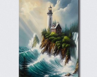 Lighthouse Original Oil Painting Seascape Modern Wall Art