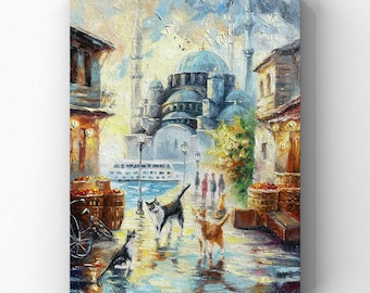 Istanbul Street Cat Original Oil Painting Cityscape Wall Art