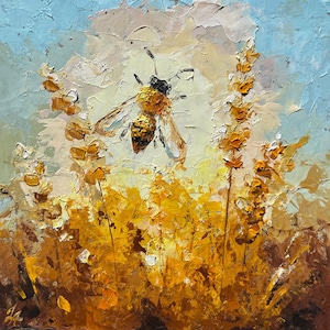 Pintura de abejas de miel, arte original, arte de pared con flores silvestres, pintura al óleo texturizada, mini abejas de miel, arte de pared colorido, arte floral empastado, regalo, 5 x 5
