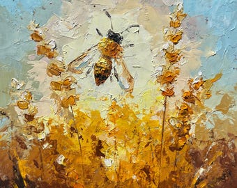 Honey Bee Painting Original Art Wildflowers Wall Art Textured Oil Painting Mini Honeybee Colorful Wall Art Impasto Floral Art Gift 5x5